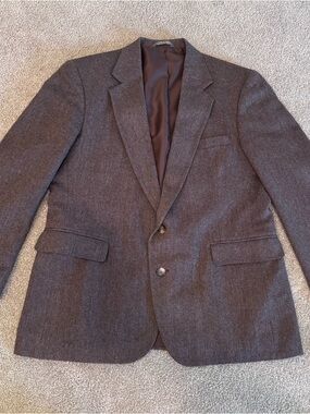 Vtg USA Made 44 Brown Herringbone Wool Tweed Mens Blazer Suit Jacket Sport Coat